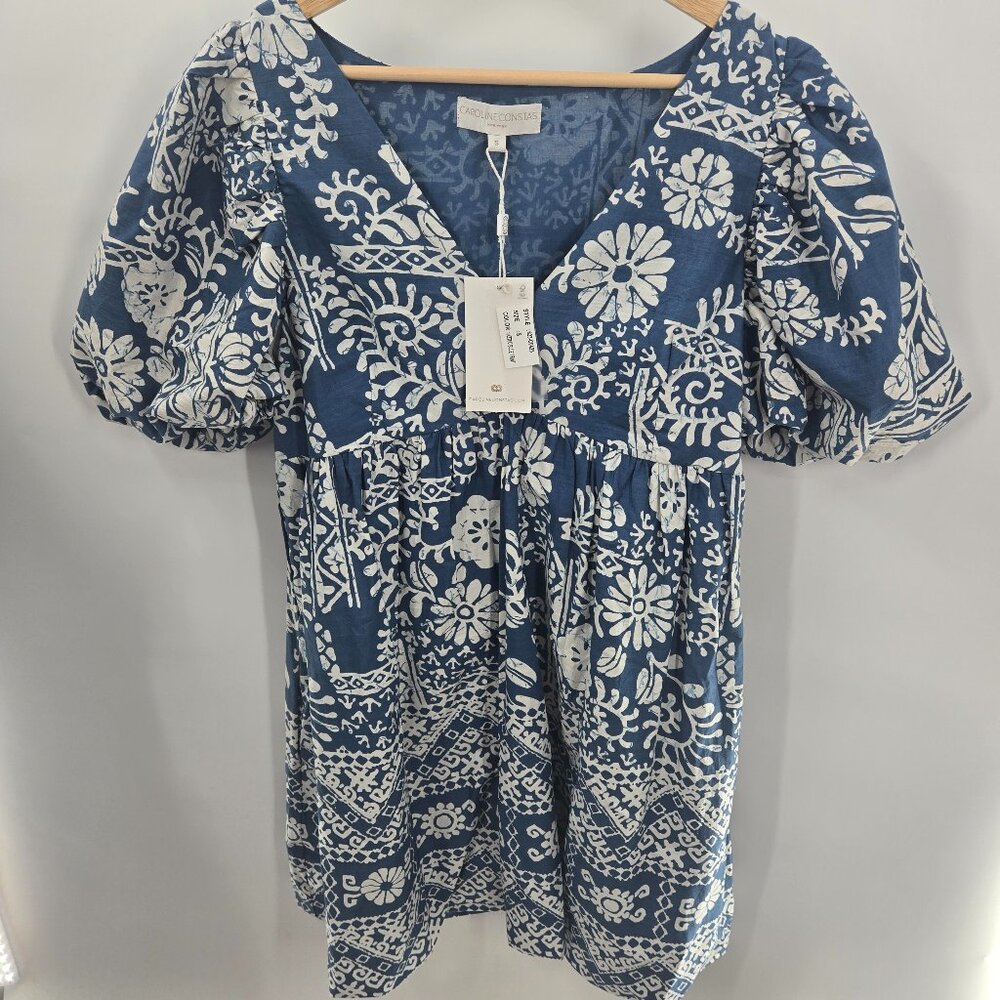 Caroline Constas Blue White Puff Sleeve Floral Aztec Geometric Lined Mini Dress